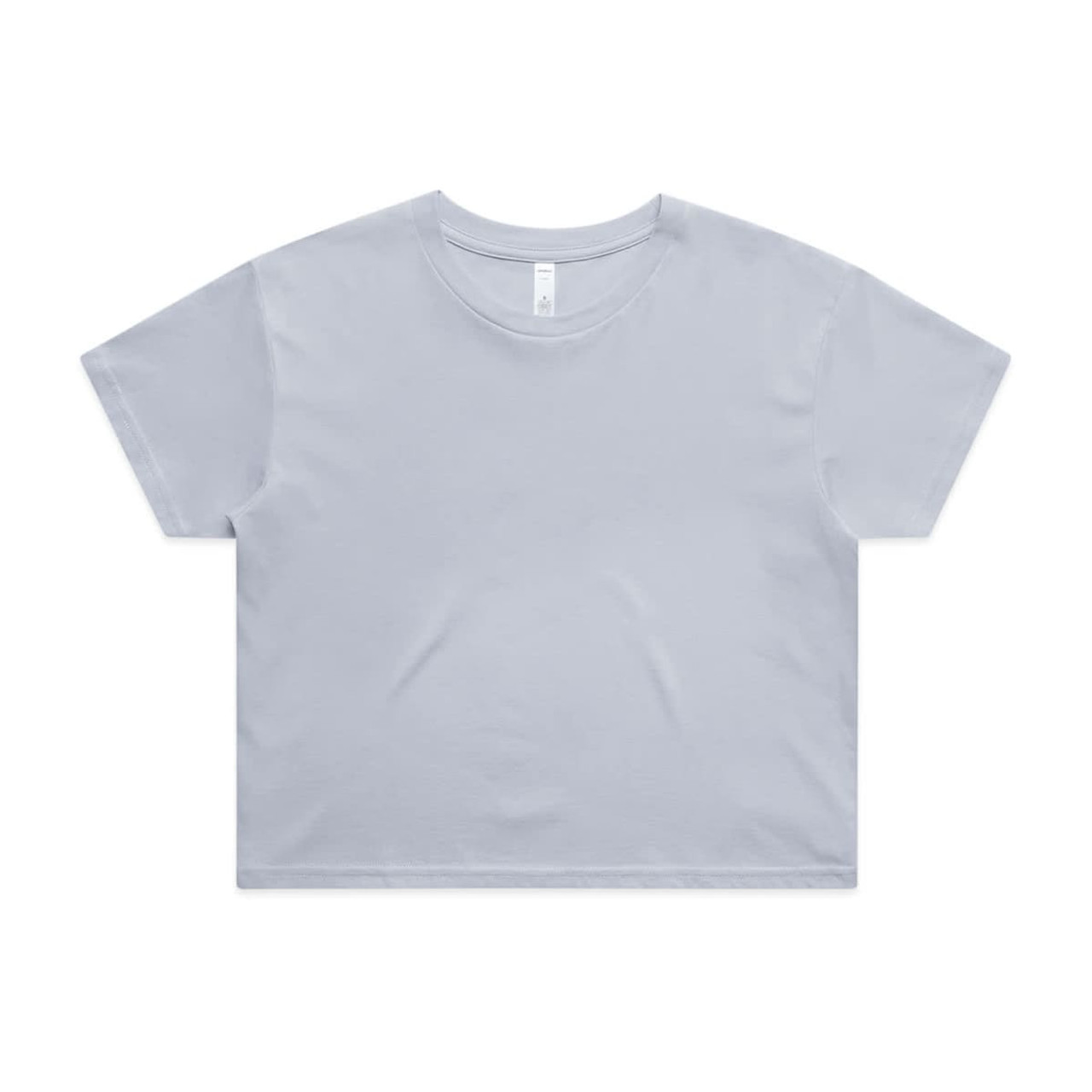 A light blue crop tee with a relaxed fit and a simple design. It has a logo on the label.