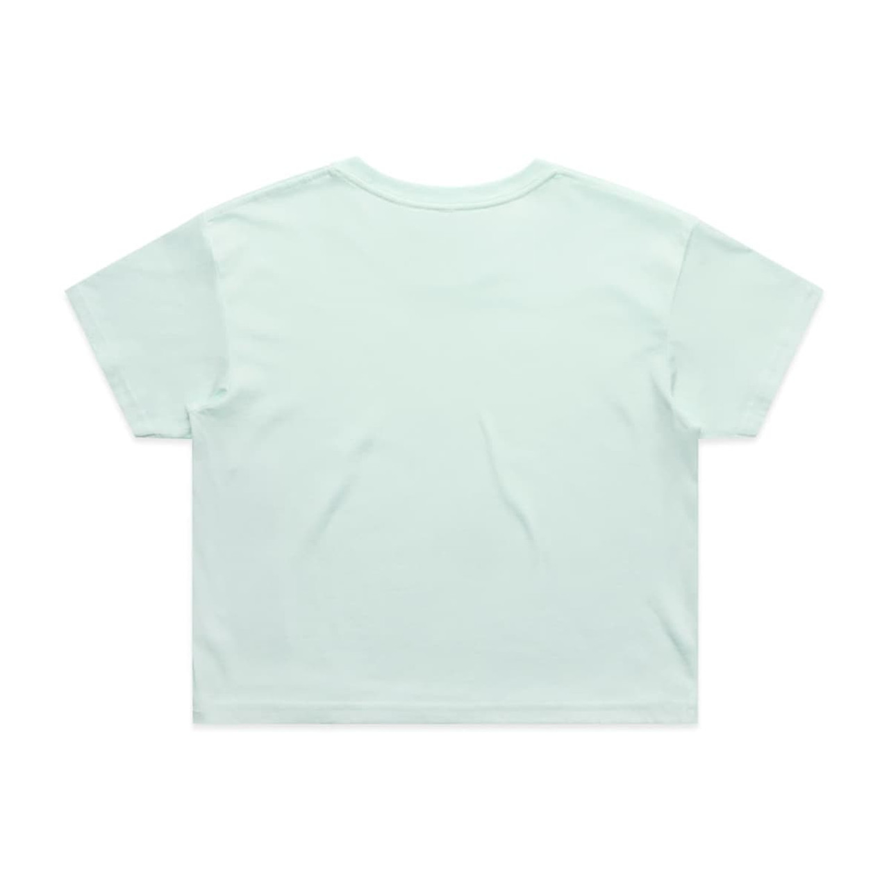 A mint green crop tee with short sleeves and a simple design, featuring a branding logo on the back.