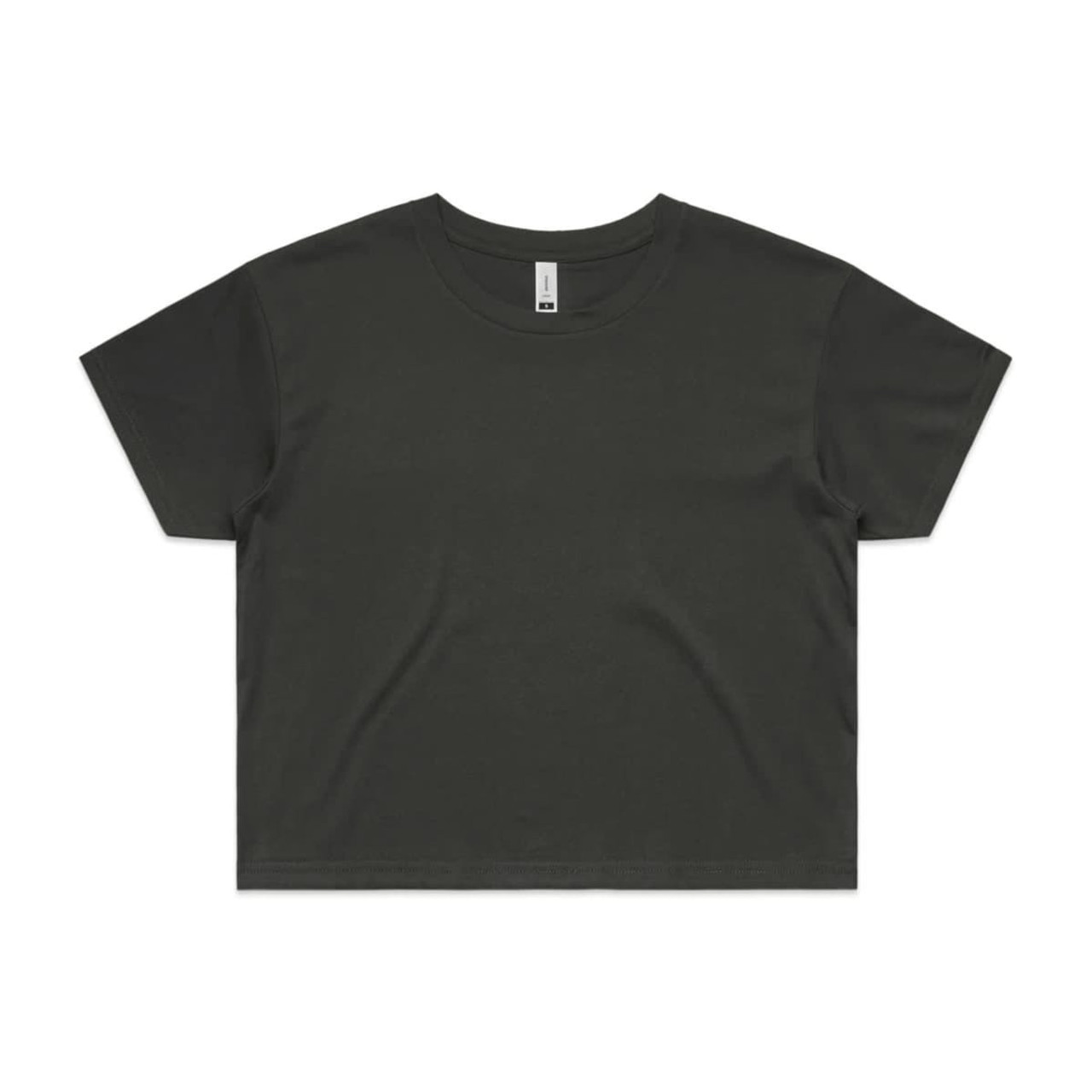 A dark green crop tee with a classic crew neckline and short sleeves, featuring a logo on the label.