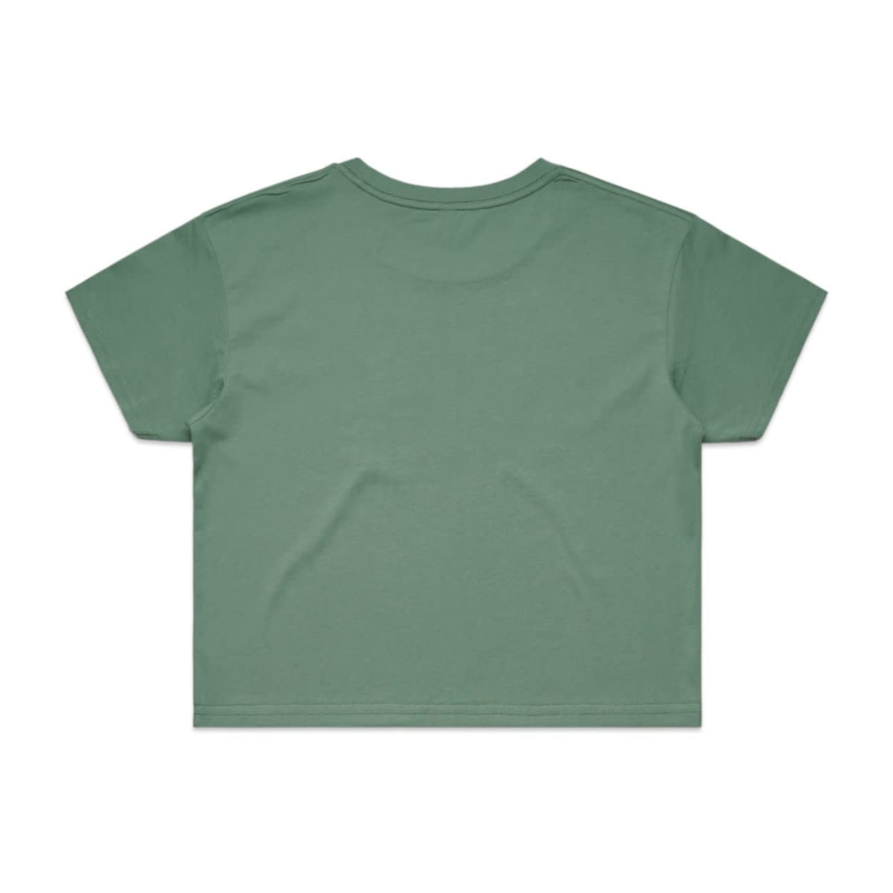 A green cropped t-shirt featuring a simple design and a branding logo.