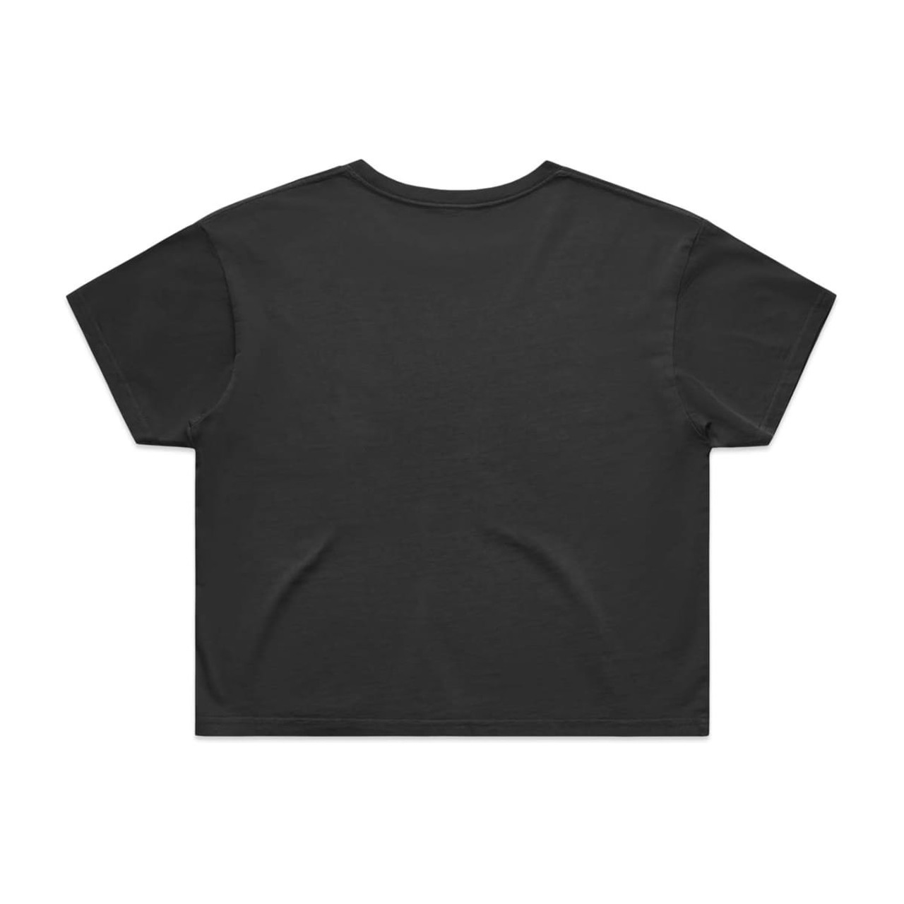 A black cropped t-shirt with a relaxed fit, featuring a smooth back design and a logo.