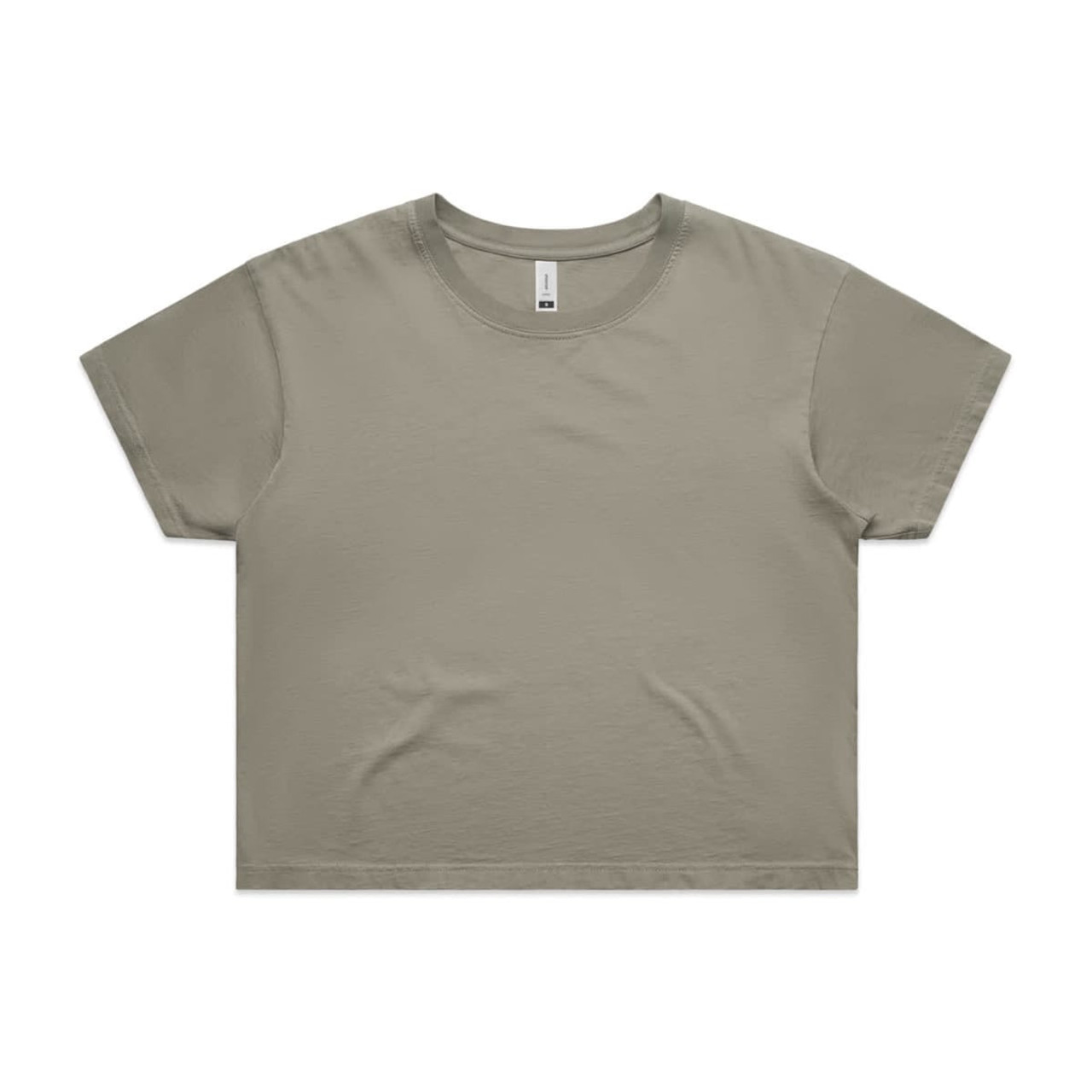 A cropped t-shirt in a faded olive green, featuring a simple design and a logo.