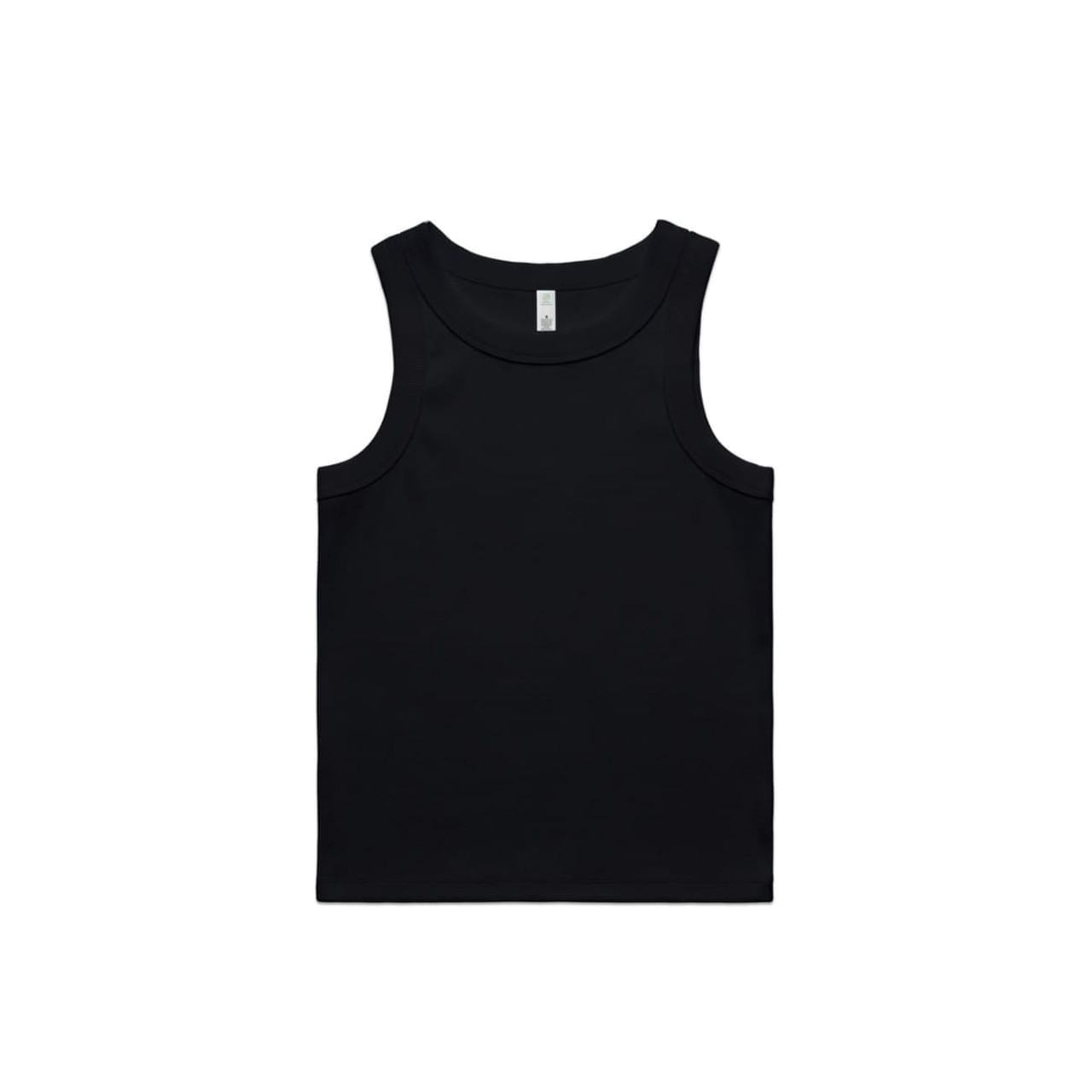 A black ribbed tank top with a classic singlet design and a branded label inside.