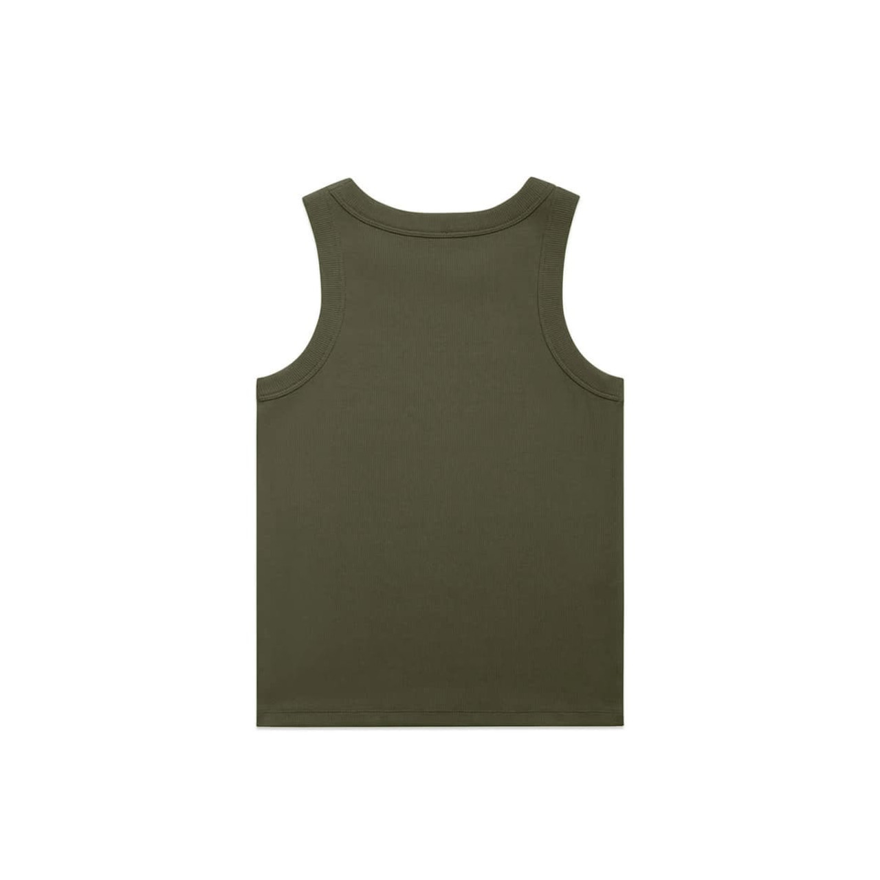 An olive green organic rib tank with a sleeveless design, featuring a plain back and minimal stitching details.