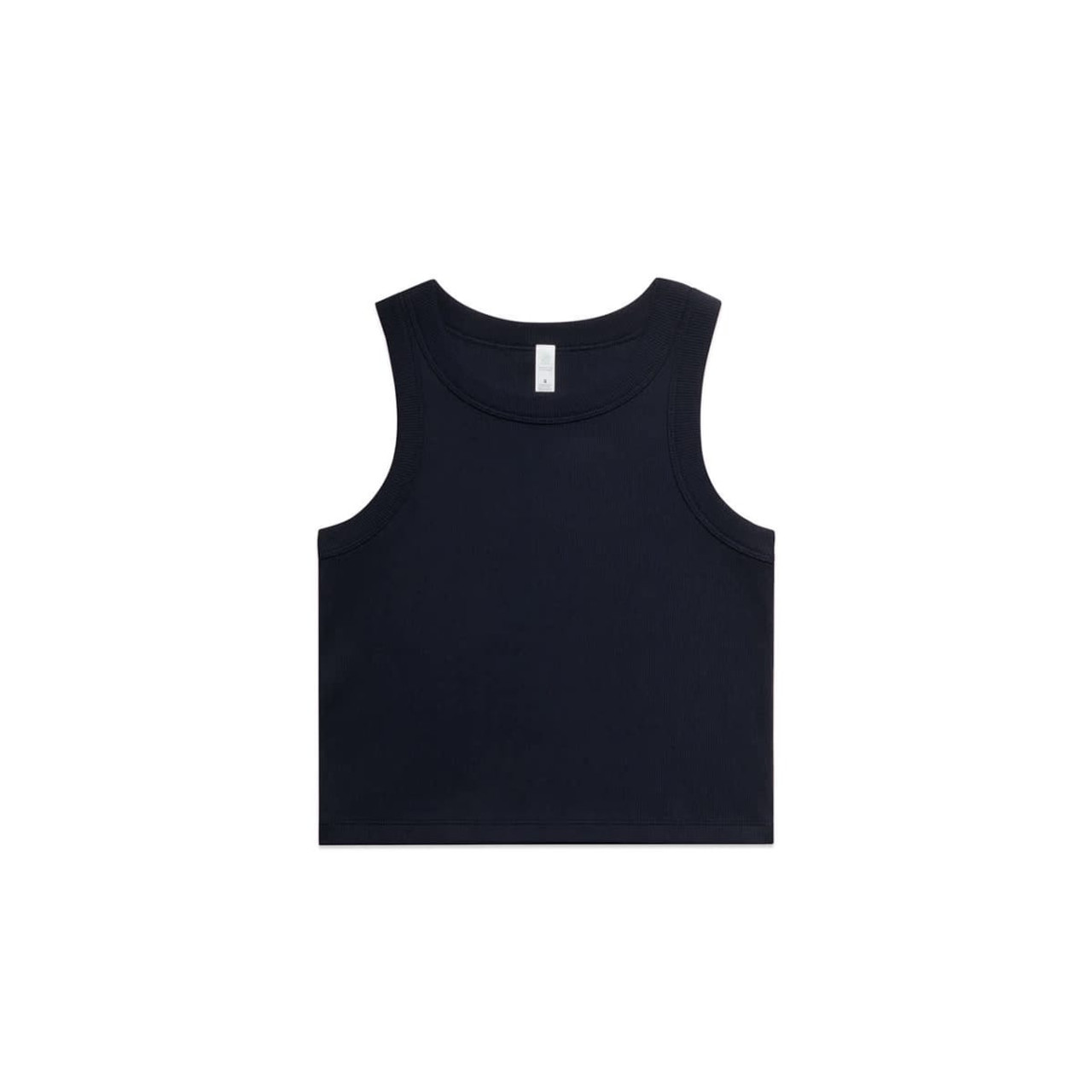 A navy ribbed crop tank top with wide armholes and a straight hem. The tank features a logo on the label.