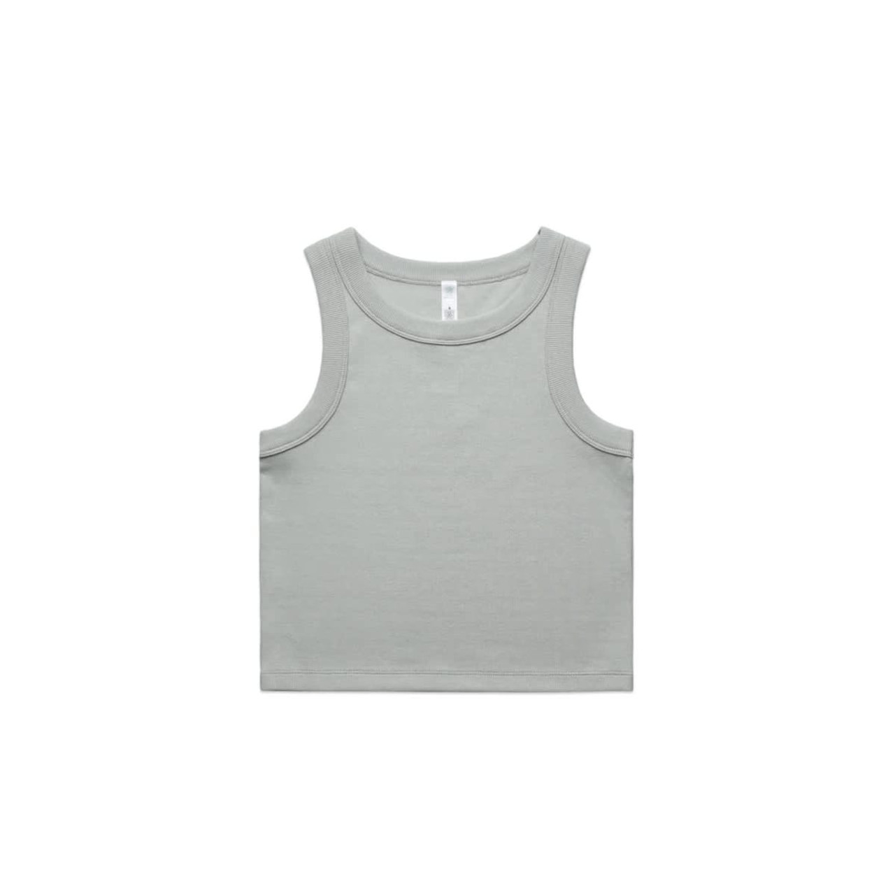 A light grey rib crop tank top with a fitted design and a logo. Perfect for casual wear.