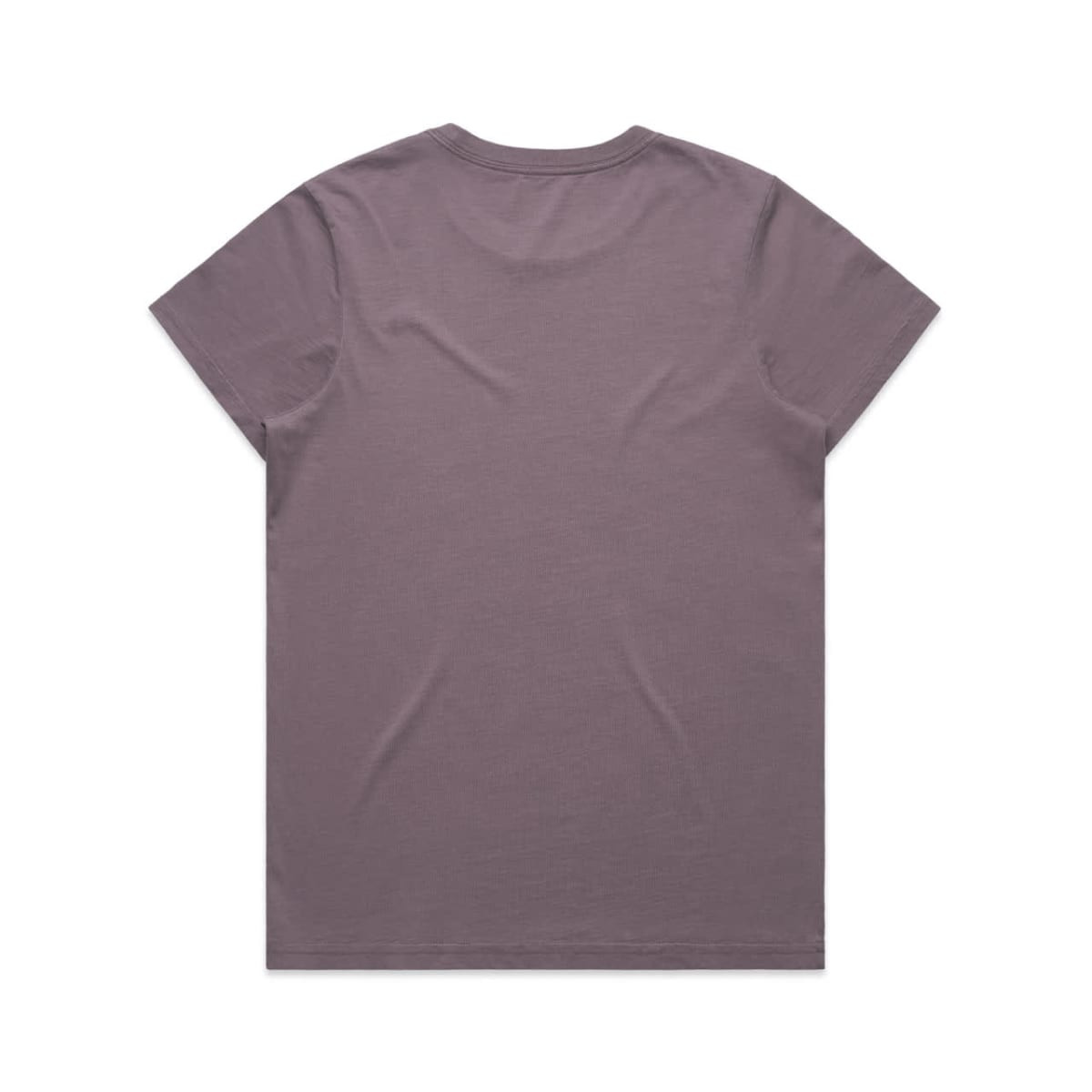 A purple tee shirt with a simple design and no visible branding displayed from the back.