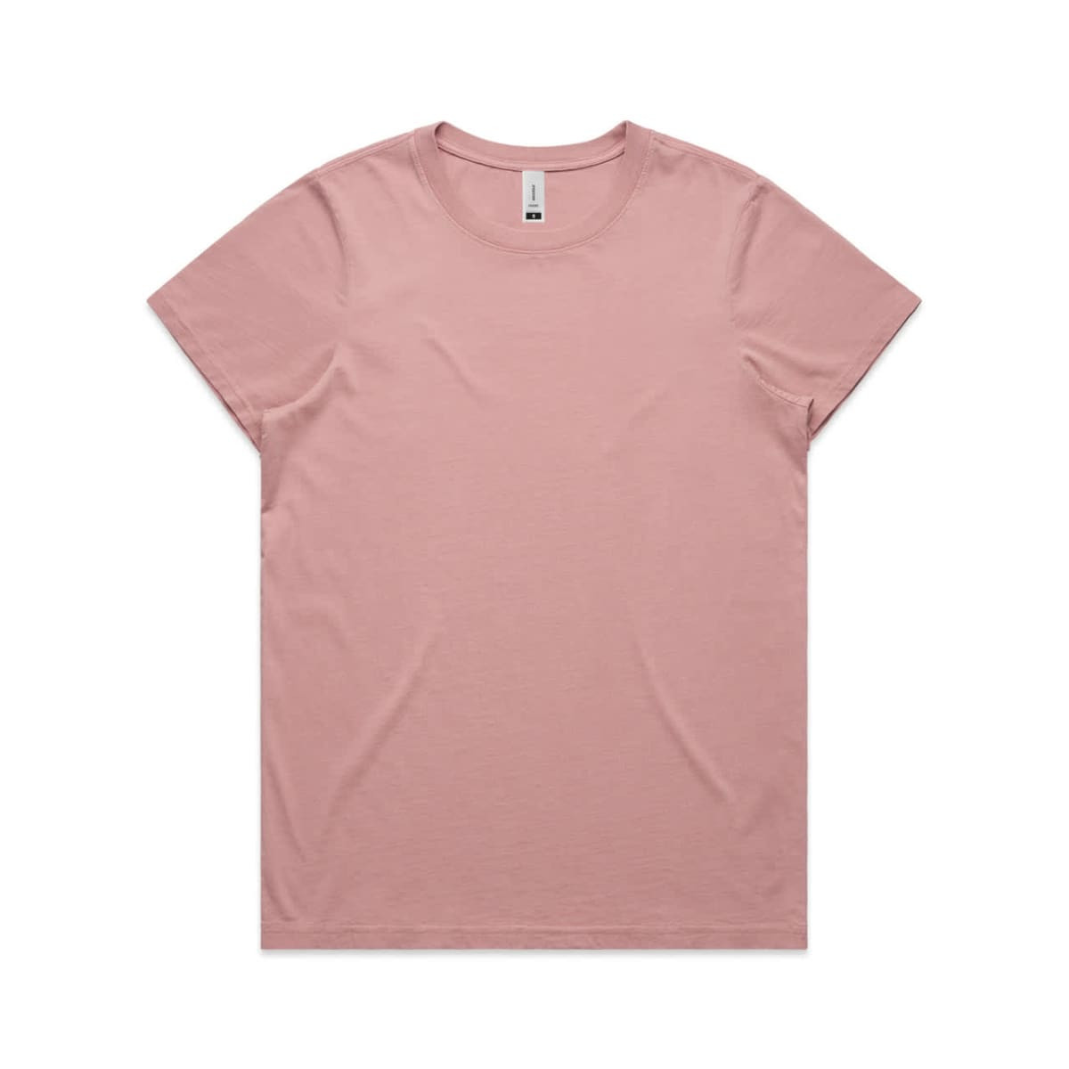 A pink T-shirt with a relaxed fit and a round neckline, featuring a subtle branding logo.