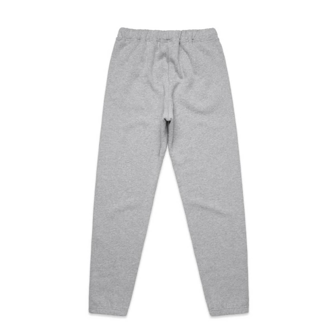 Grey track pants with an elastic waistband and a fitted design. Features a logo on the waistband.