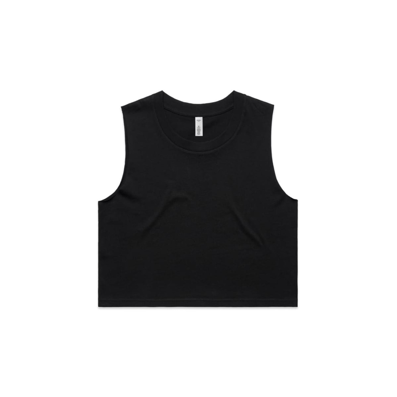 A black cropped tank top with a round neckline and no sleeves, featuring a logo.