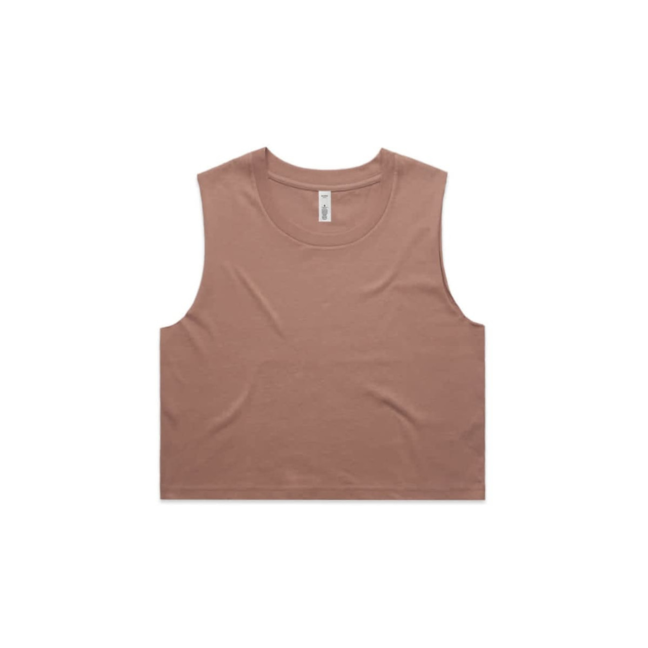 A cropped tank top in a warm tan colour, featuring a simple design and a crew neckline. It has a logo on the label.