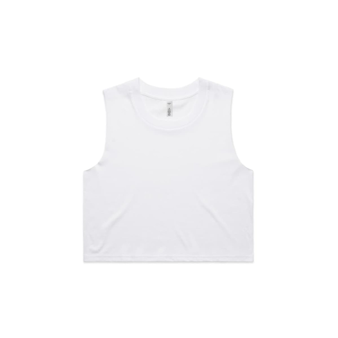 A white crop tank top with a round neckline and no sleeves, featuring a small logo.