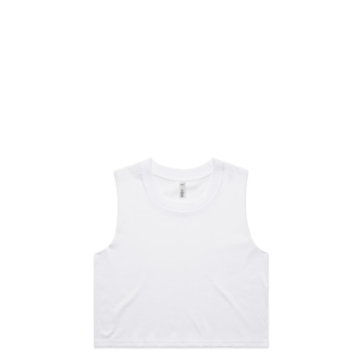 A white crop tank top with a simple design and no additional embellishments. It features a small logo.