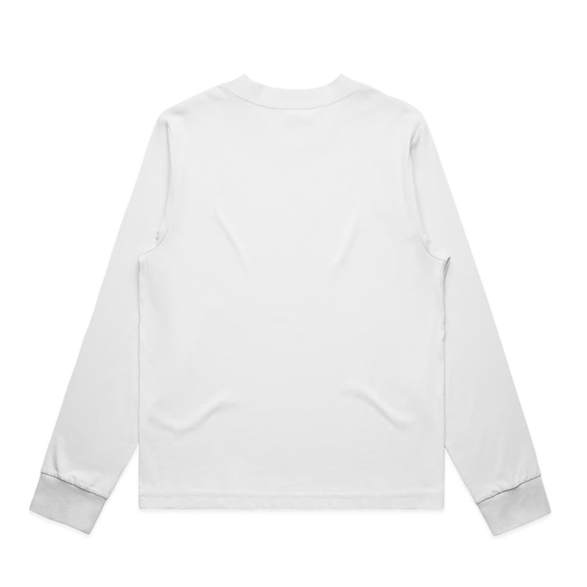 A long-sleeve white T-shirt with grey cuffs. The back view is displayed, featuring a simple design and no graphics.