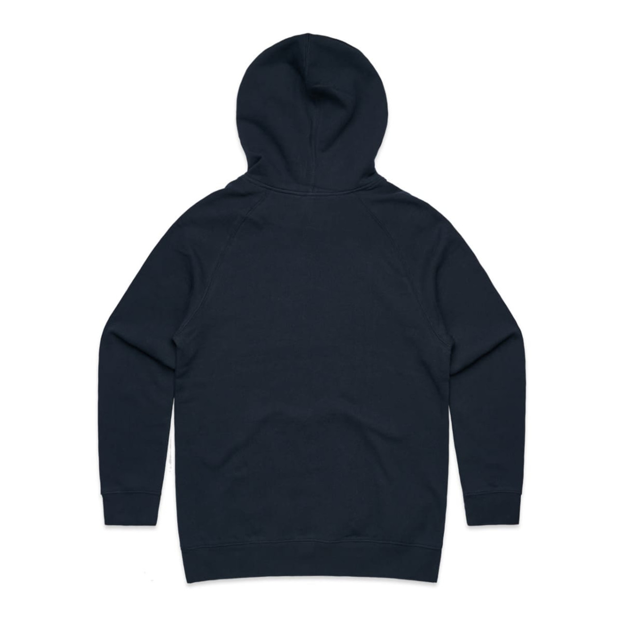 A dark navy hoodie with a hood and long sleeves, featuring a plain back without any visible logos.