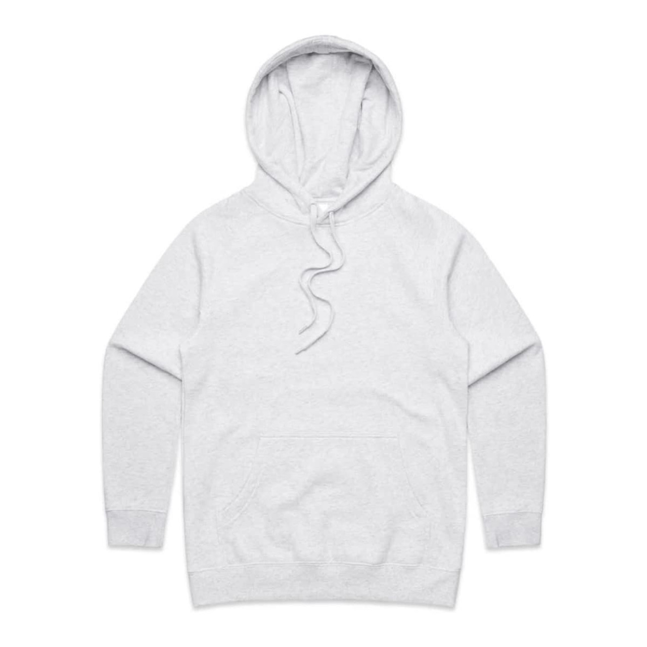 A light grey hoodie with a drawstring hood and a front pocket. It features a logo on the material.
