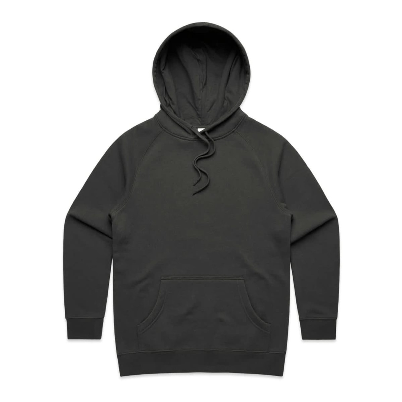A dark grey hoodie with a front pocket and drawstring hood. It features a logo on the design.