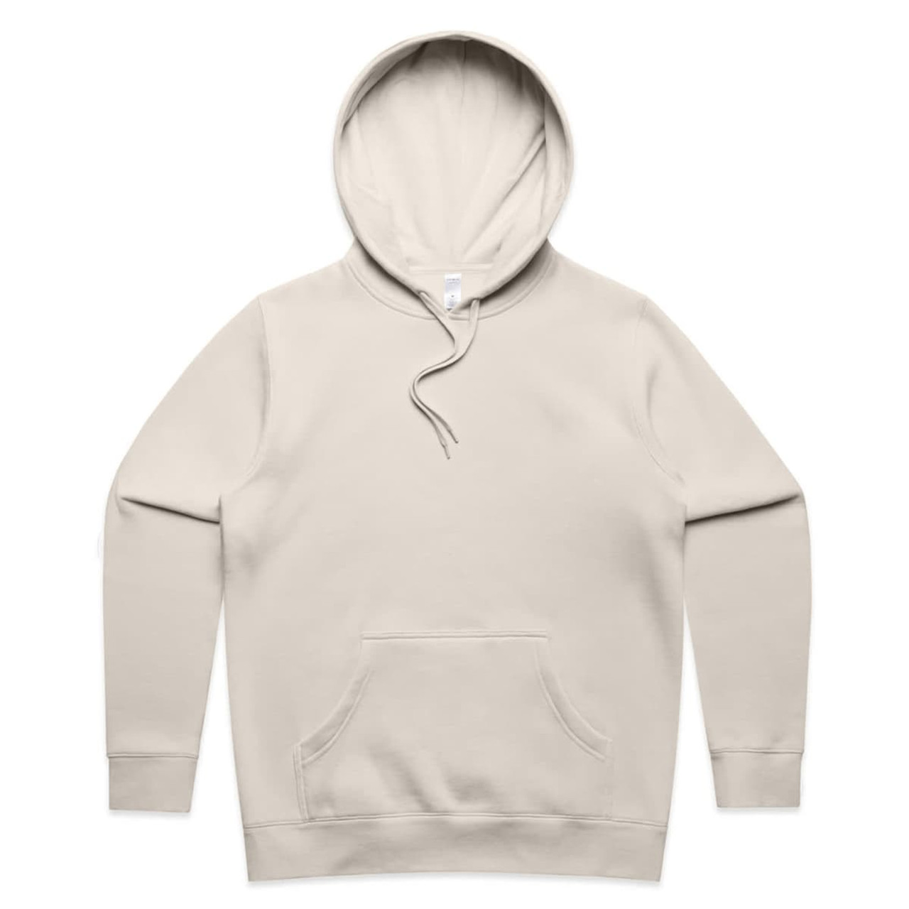 A beige hoodie with a front pocket and a drawstring hood, featuring a logo on the label.