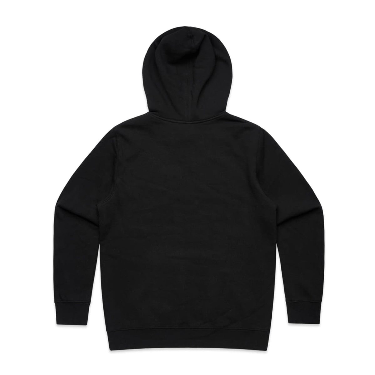 A black hoodie featuring a back view with a hood and long sleeves. It has a logo on the back.