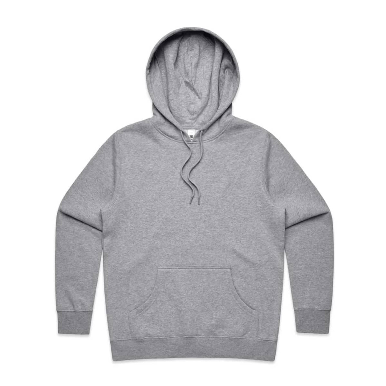 A grey hoodie with a front pouch pocket and a drawstring hood, featuring a logo.