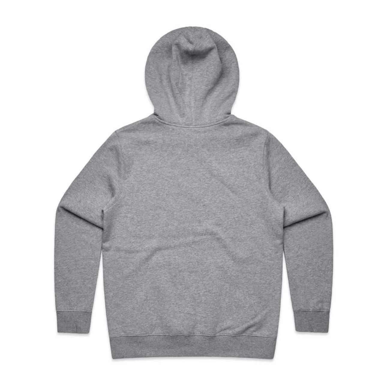 A grey hoodie with a spacious hood and long sleeves, featuring a back view design.