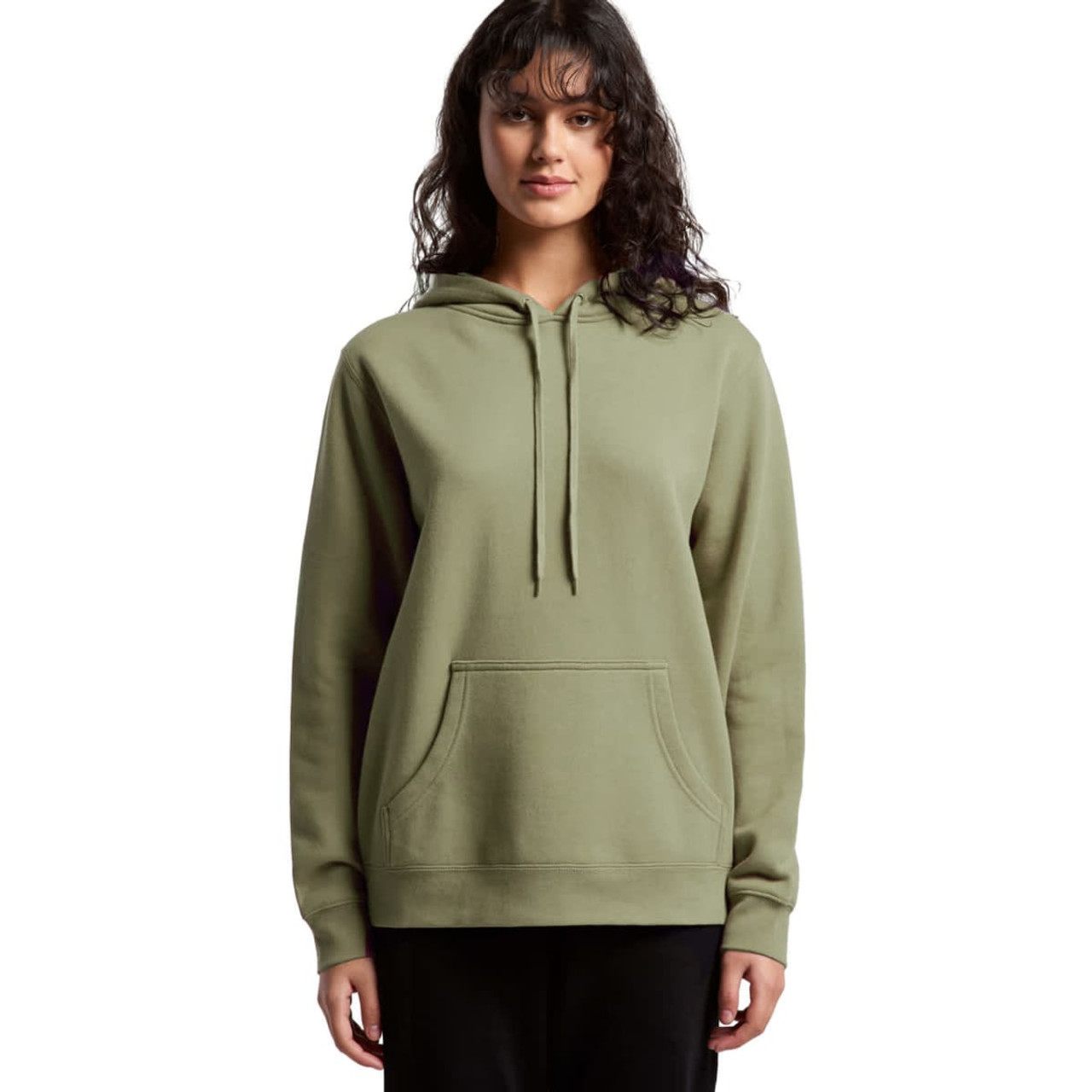 A green hoodie with a kangaroo pocket, featuring a drawstring hood and a casual fit. It has a logo on the front.
