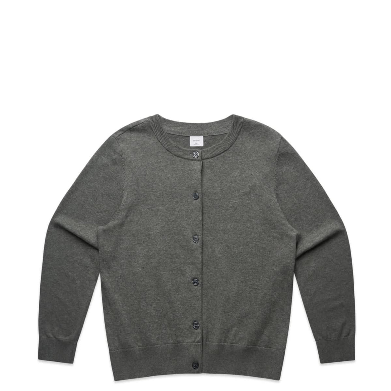 A dark grey cardigan with a rounded neckline and button closure, featuring long sleeves and a simple design.