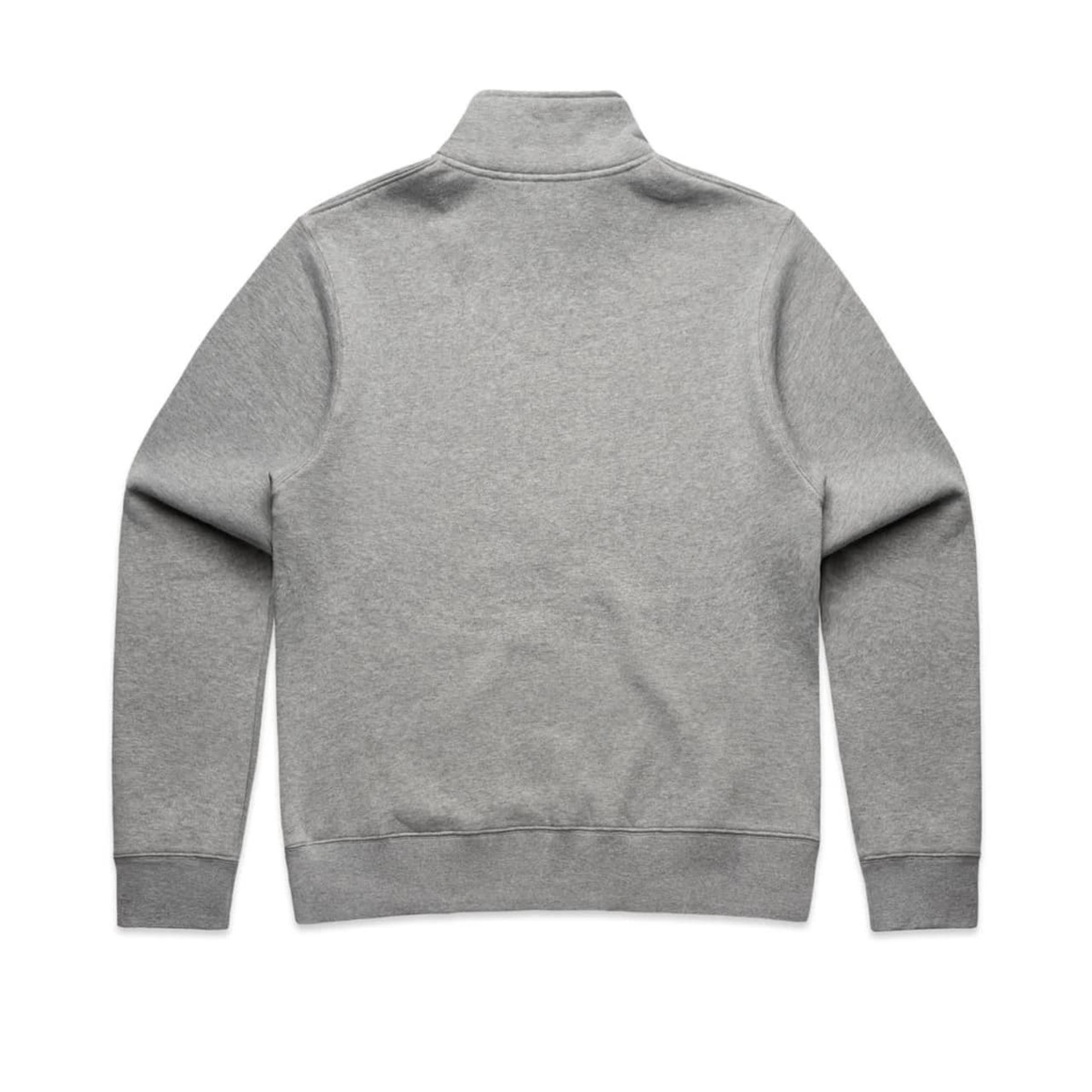 A grey half-zip crew jumper with a high collar and ribbed cuff details. It features a logo on the back.