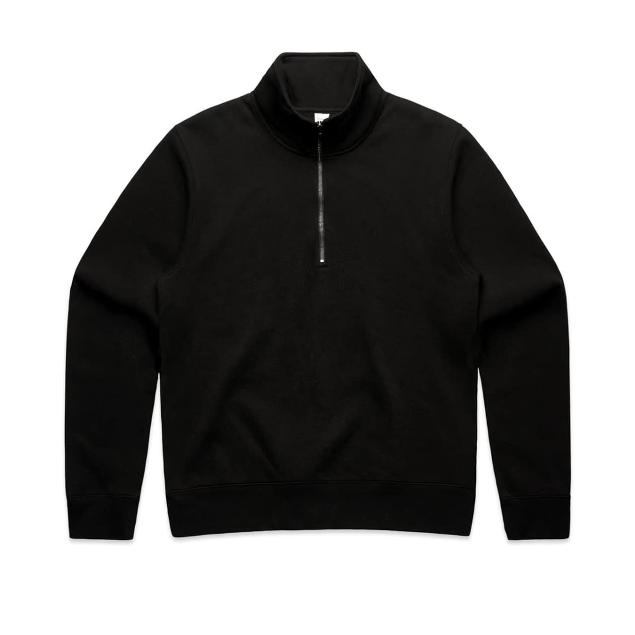 A black half zip crew jumper featuring a fleece fabric and a zipper at the neck. It has a simple design and a logo.