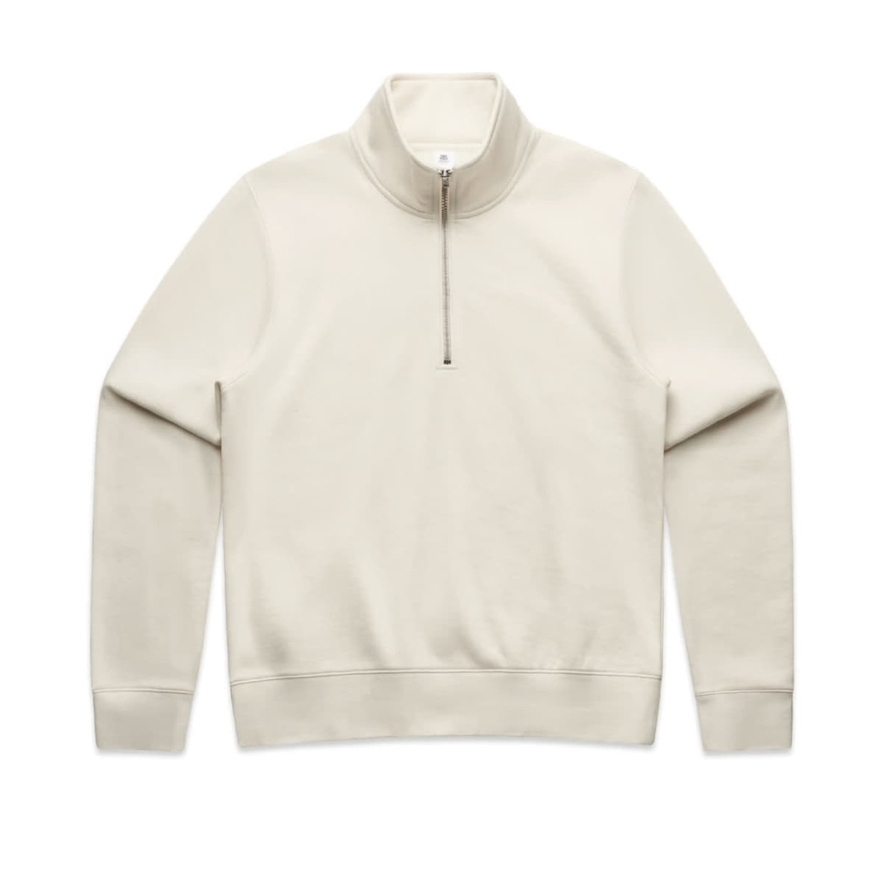 A cream half zip crew jumper with a smooth texture and long sleeves, featuring a logo on the front.