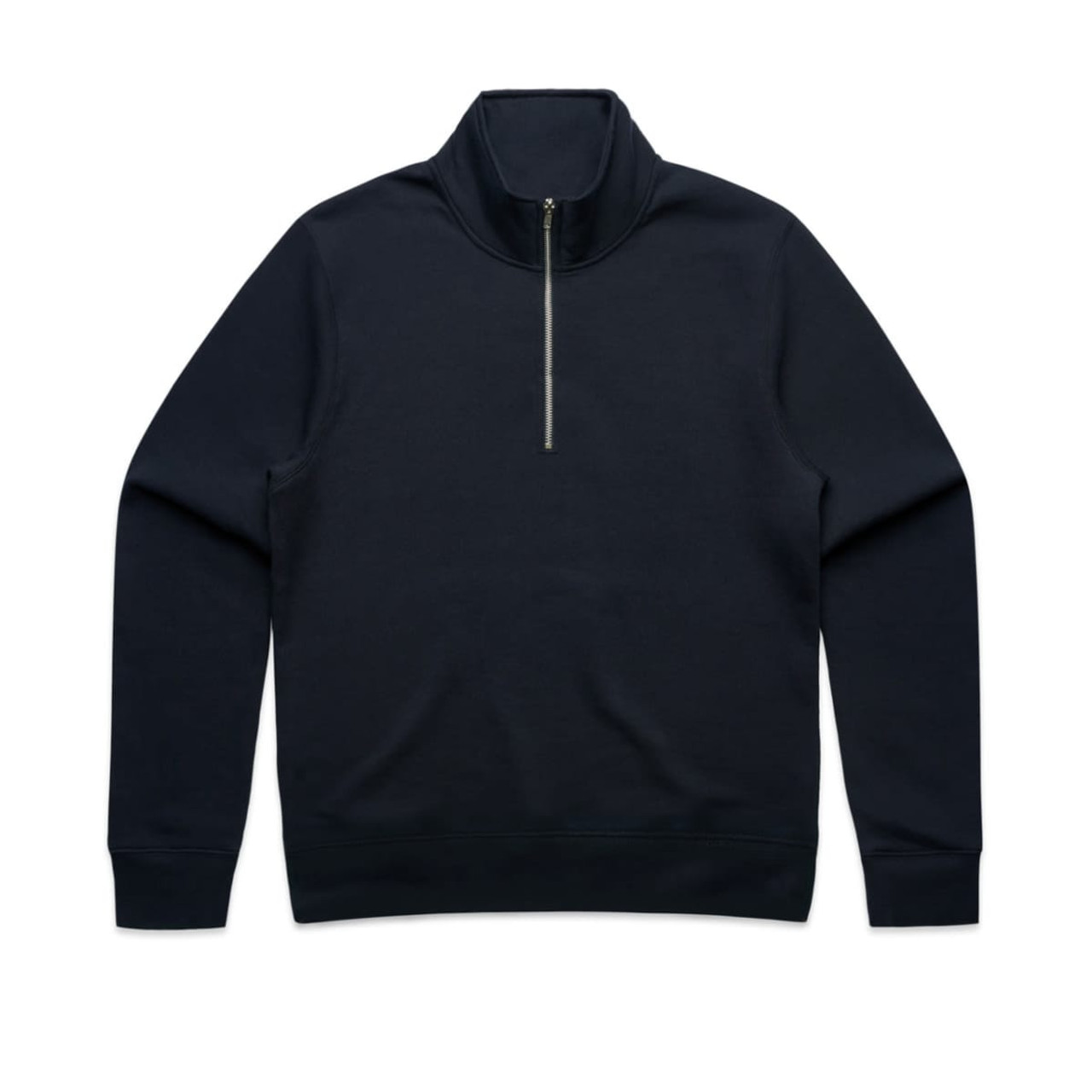 A navy half zip crew jumper featuring a zipper and long sleeves. The item has a plain design with a logo.