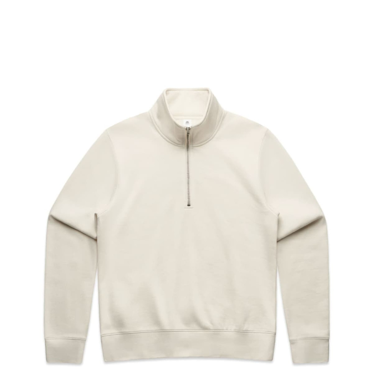 A beige half-zip crew jumper featuring a high collar and ribbed cuffs, with a logo on the front.