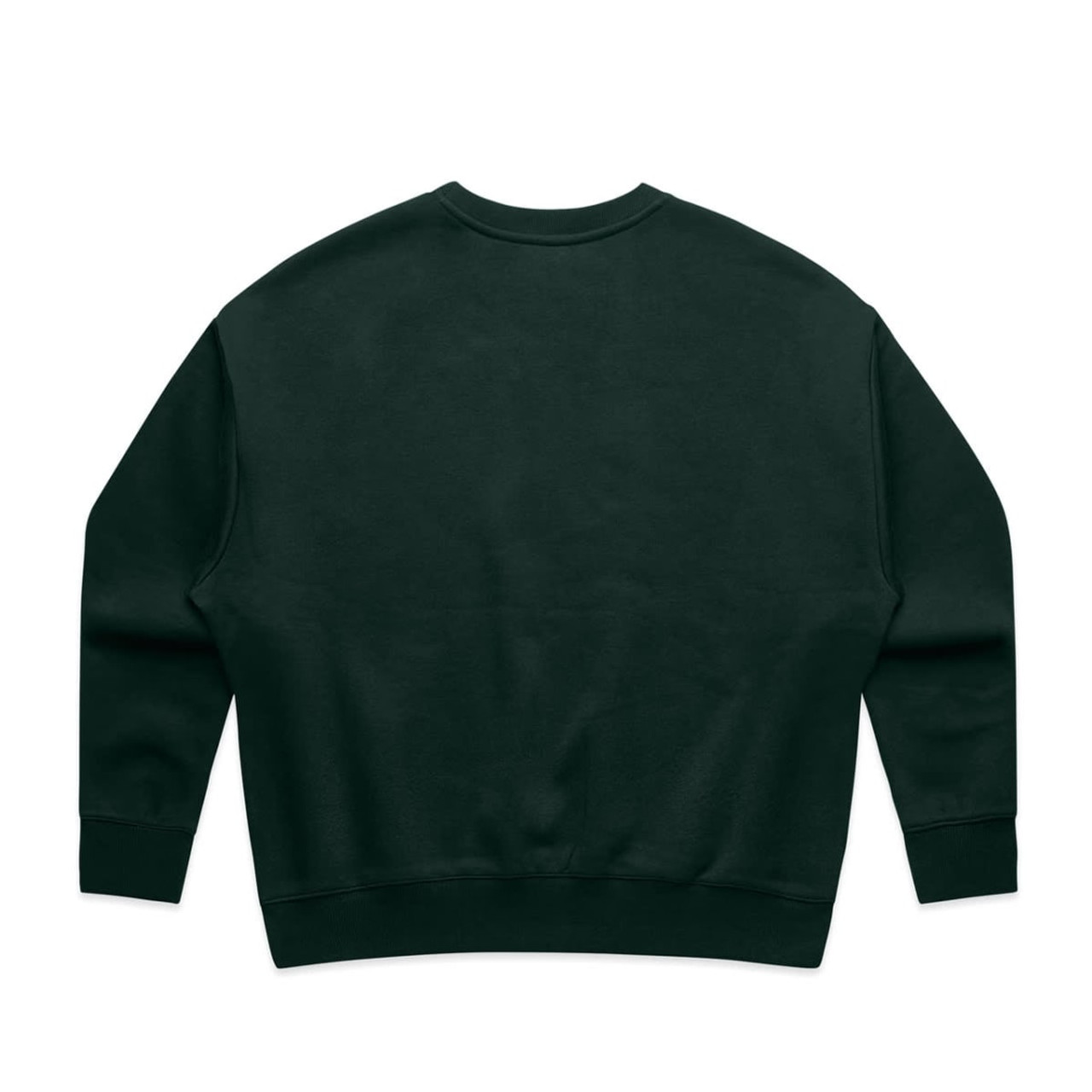 A dark green crew jumper with a simple design and a plain back. It features long sleeves and a round neckline.