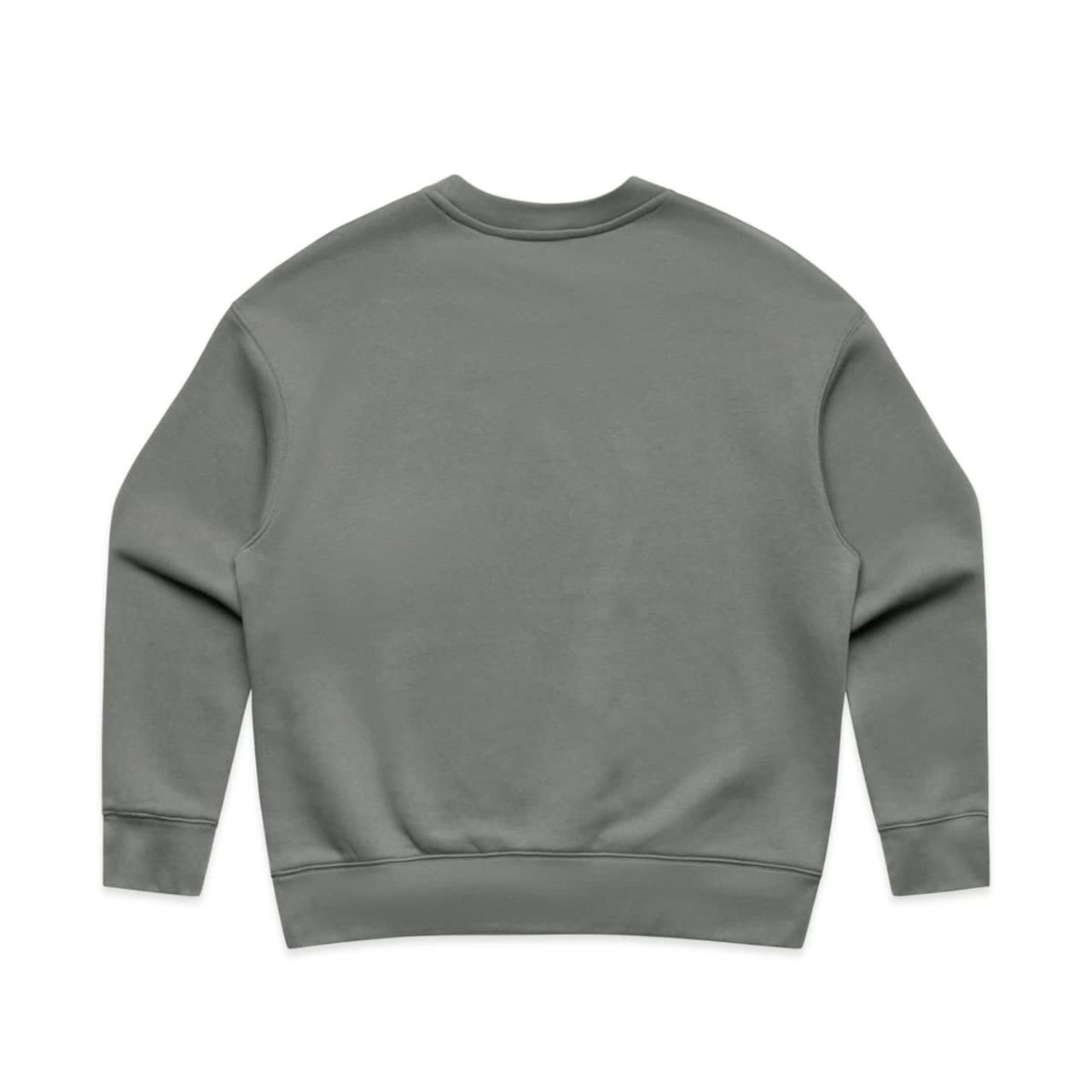 A grey jumper with a crew neck and long sleeves, featuring a simple design and a logo.
