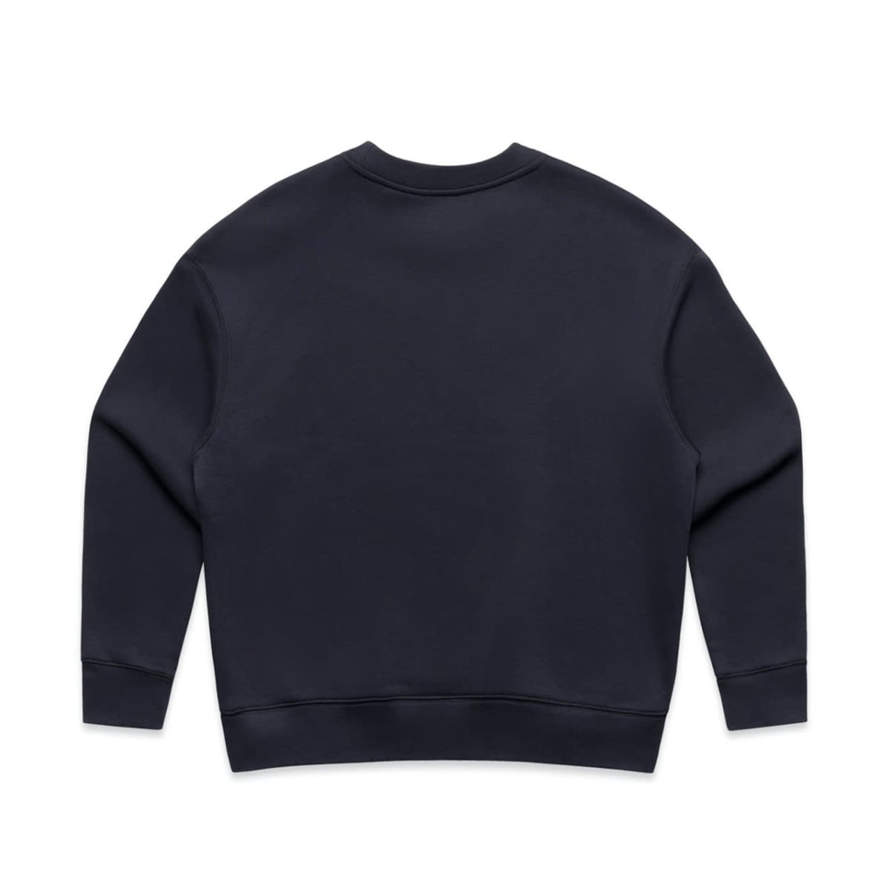 A dark navy jumper with a classic crew neck and long sleeves, featuring a solid back design.