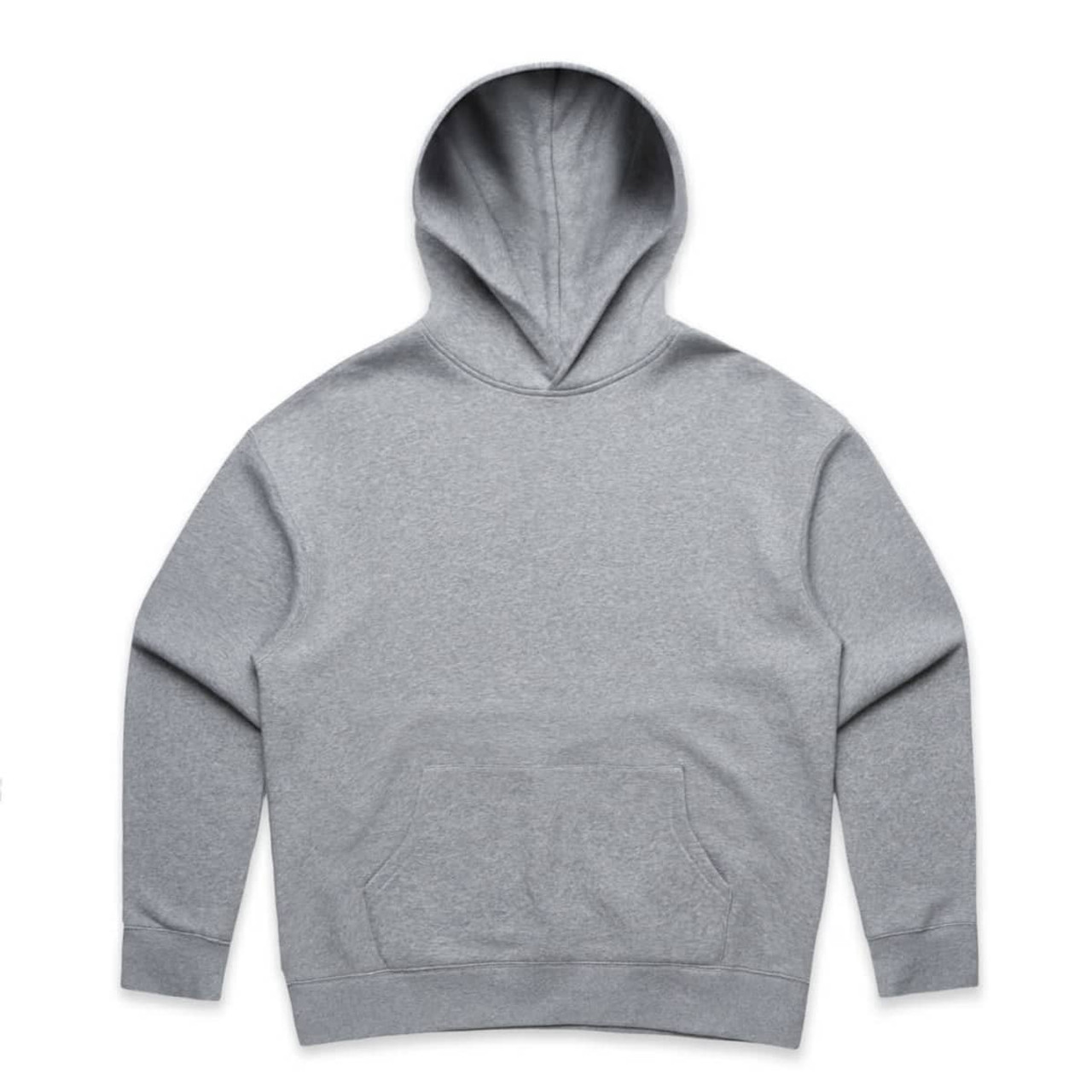 A grey hoodie with a kangaroo pocket and a hood, featuring a branding logo.