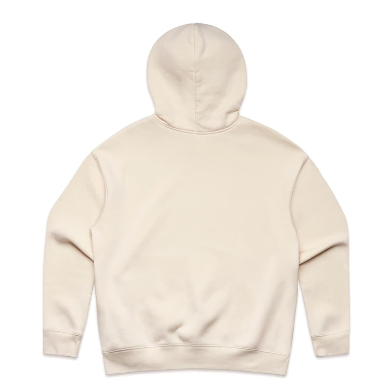A beige hoodie with a hood and long sleeves, featuring a plain back and a brand logo.
