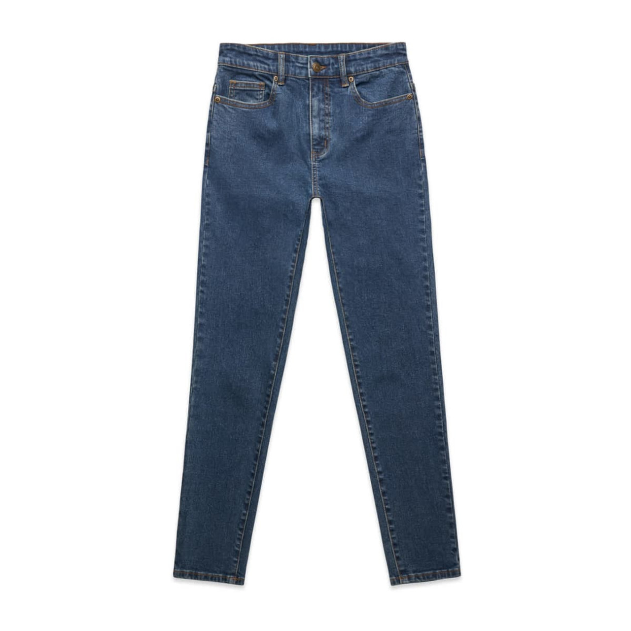 A pair of blue skinny jeans with a high waist and five pockets. Features stitching details and a branded logo.