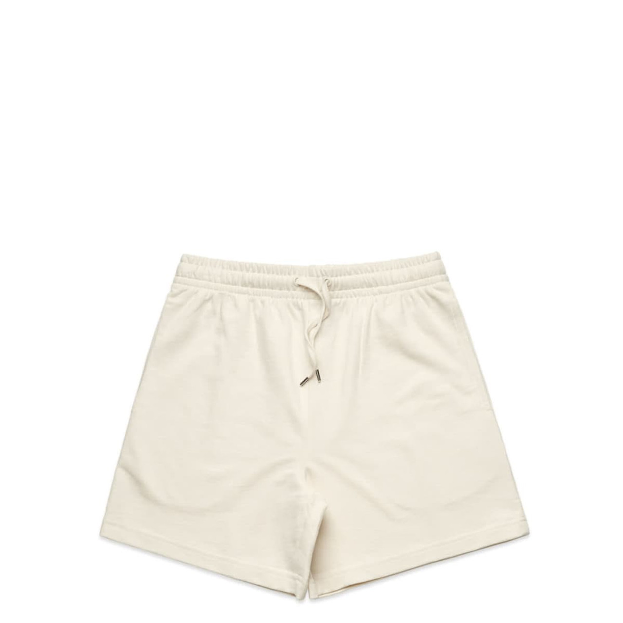 A pair of cream-coloured sports shorts with an elastic waistband and drawstring, featuring a logo.