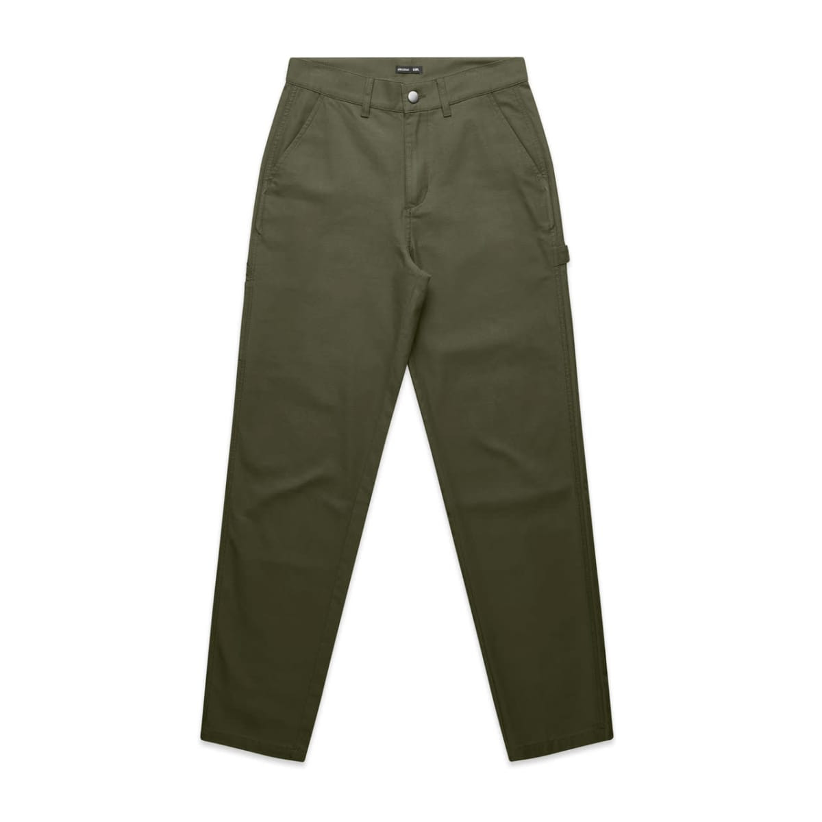 Utility pants in olive green with multiple pockets and a logo. Ideal for casual or outdoor wear.