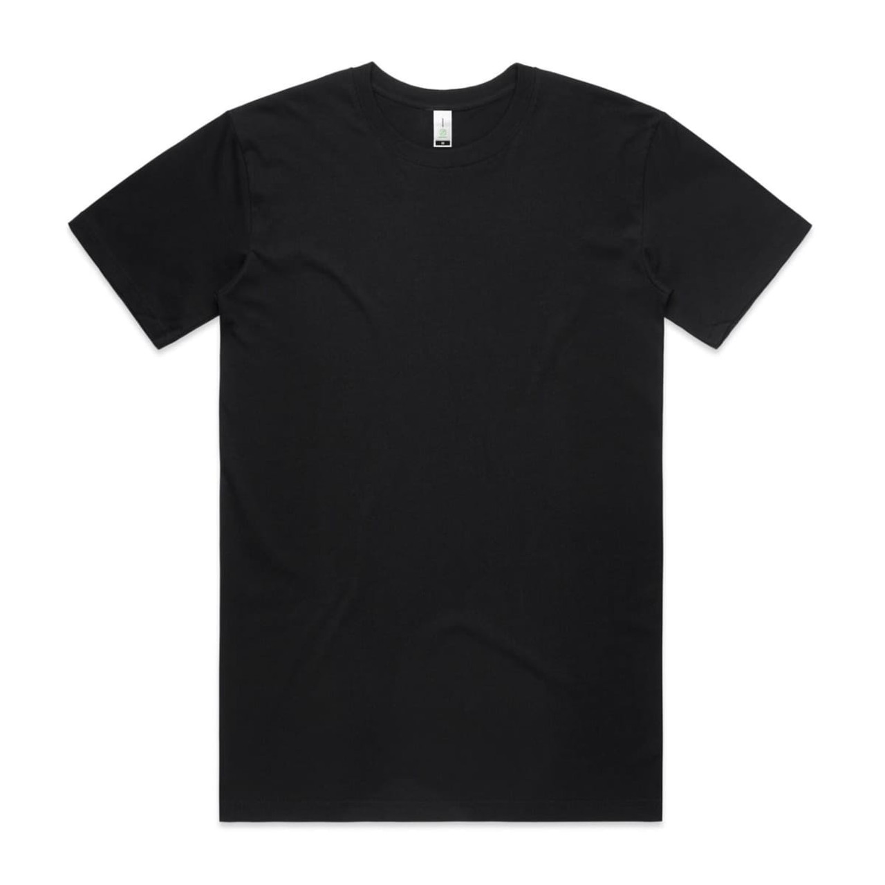 A black organic T-shirt featuring a crew neckline and short sleeves, with a small logo on the label.