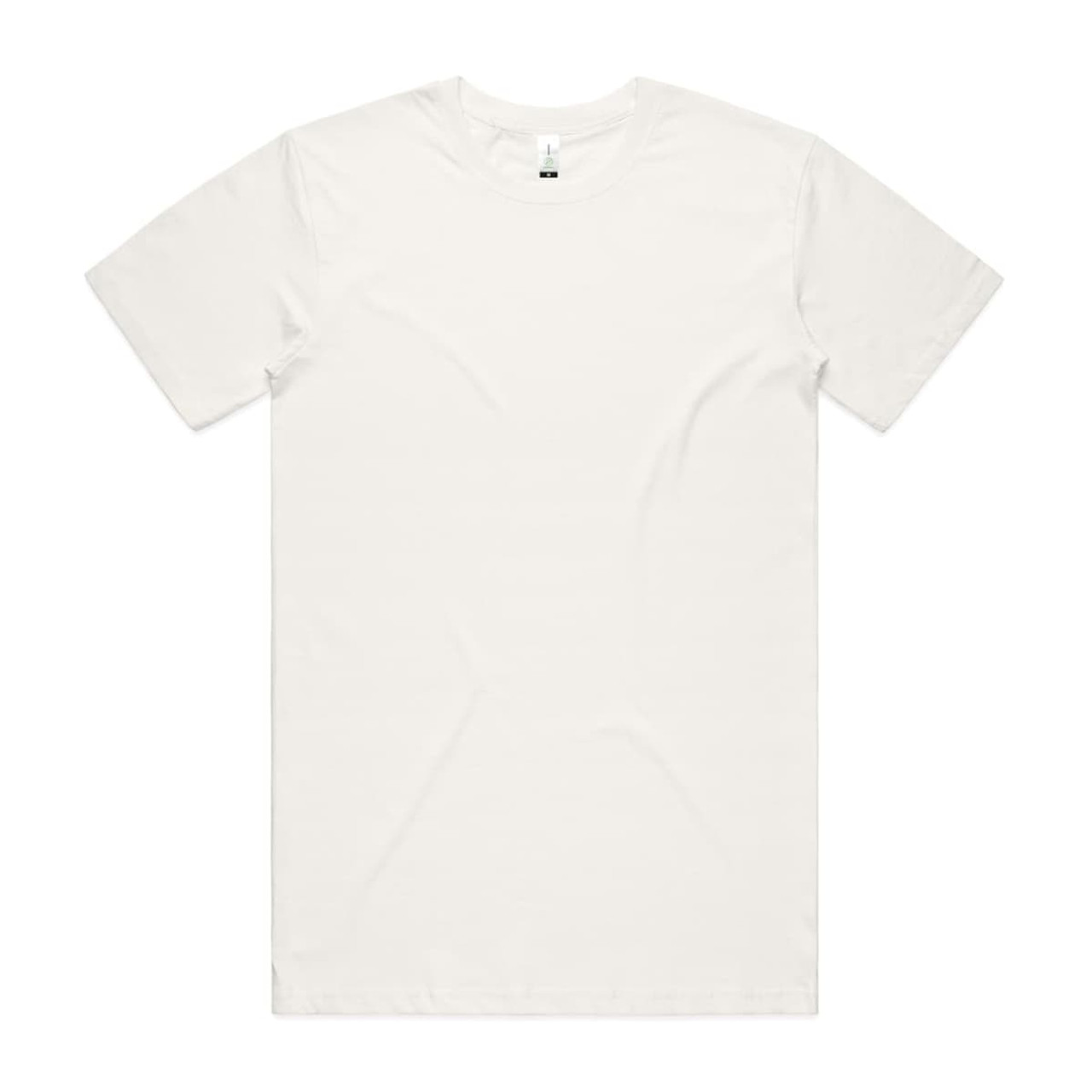 A plain white t-shirt with a round neckline and short sleeves. It features a logo at the neck.