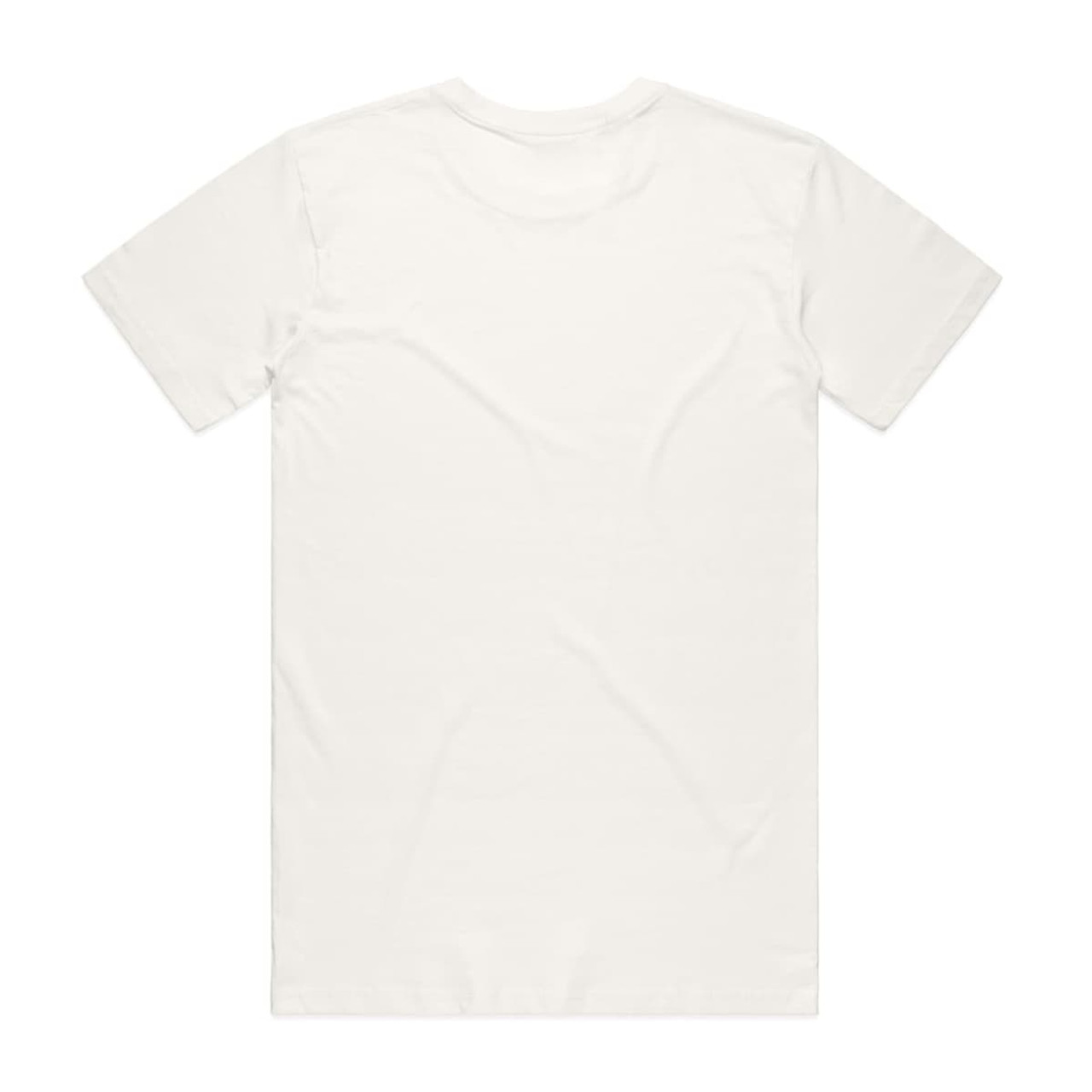 A plain white organic t-shirt with a round neckline and short sleeves, featuring a logo on the back.