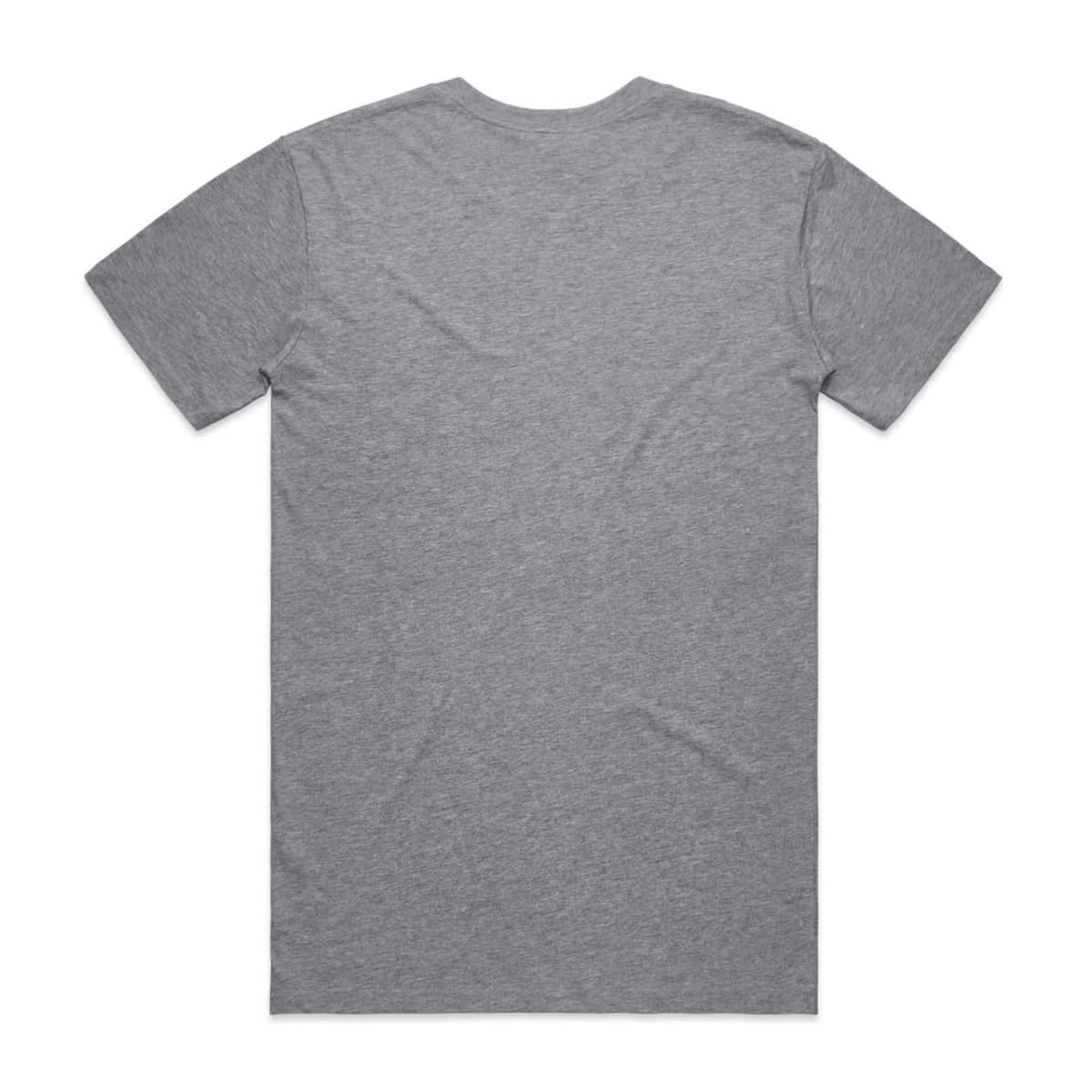 A grey organic T-shirt featuring a simple design and a logo on the back.