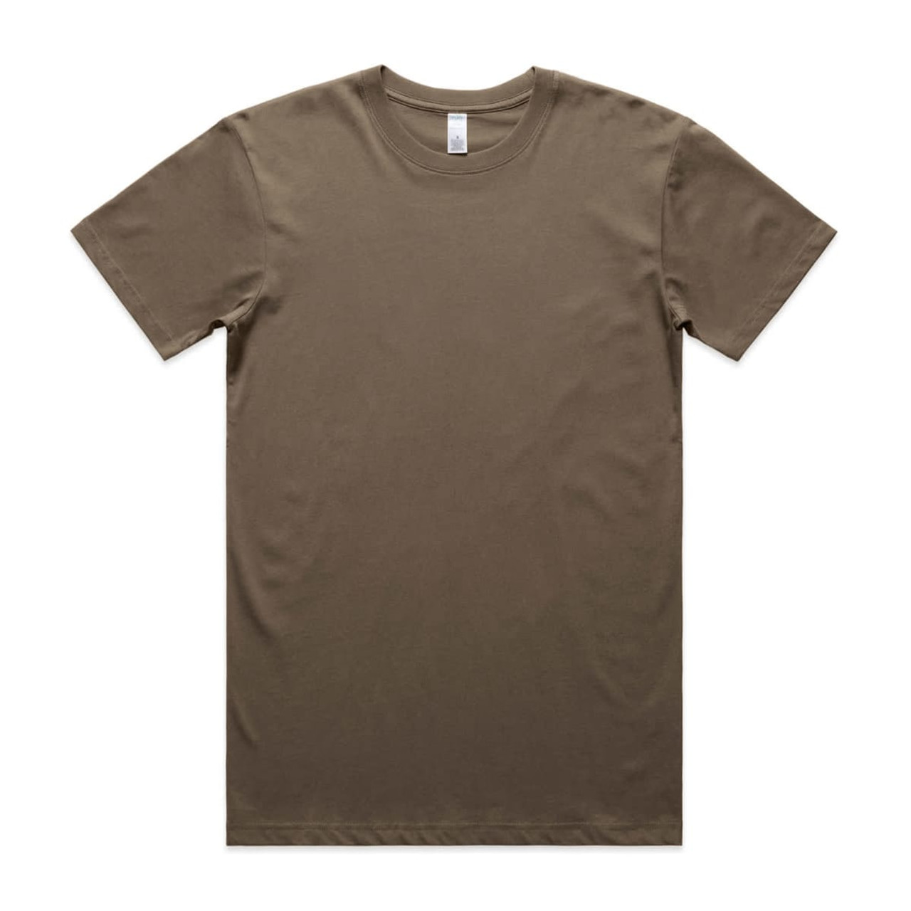 A khaki-coloured organic cotton t-shirt with short sleeves, featuring a logo on the label.