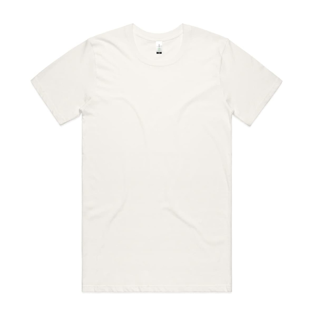 A plain white organic t-shirt featuring a logo on the inner label.