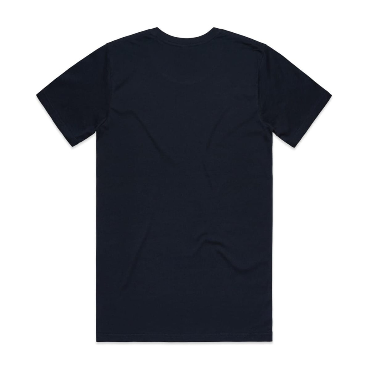 A navy organic T-shirt with short sleeves and a plain back. Features a logo on the inside label.