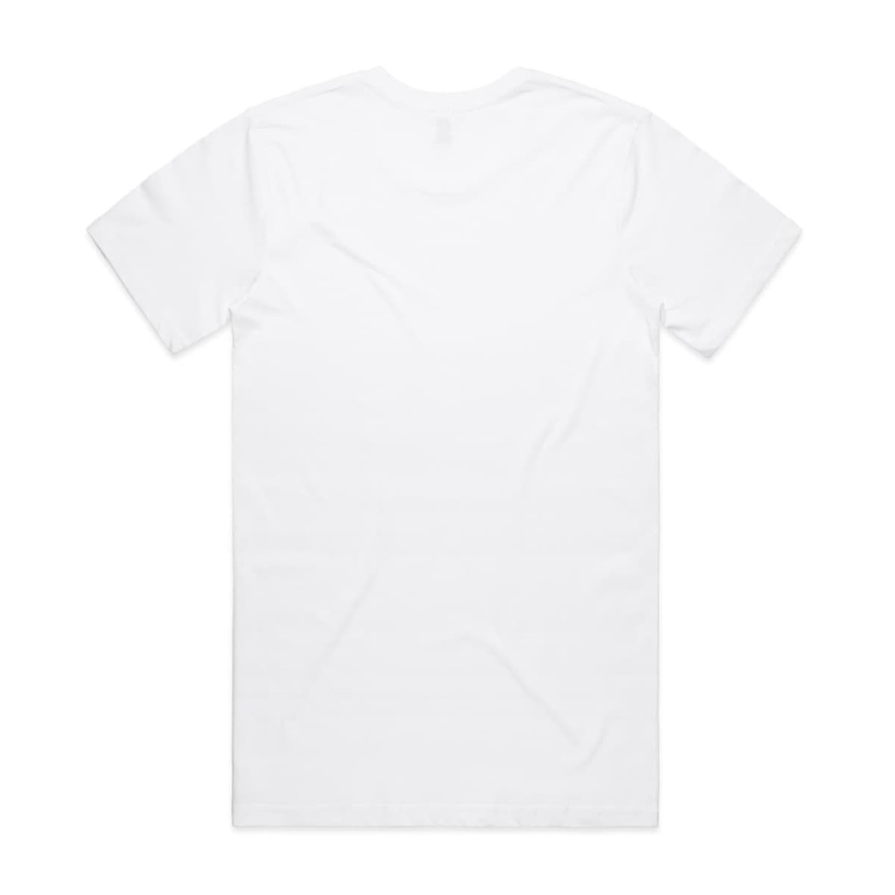 A white organic t-shirt with a plain back, featuring a logo on the label.