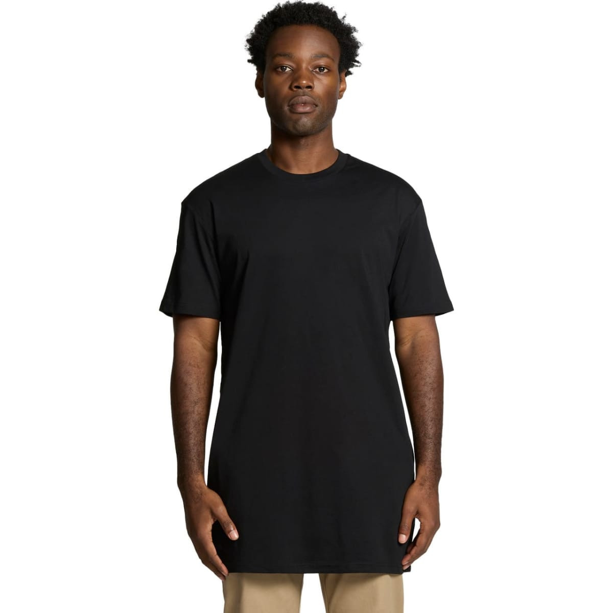 A black tall T-shirt with a relaxed fit, featuring short sleeves and a round neckline. It has a logo present.