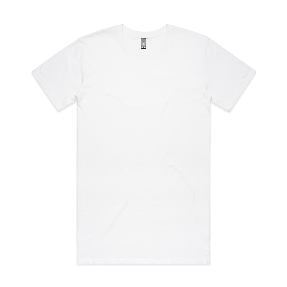 A white T-shirt with short sleeves and a round neckline, featuring a branding label.